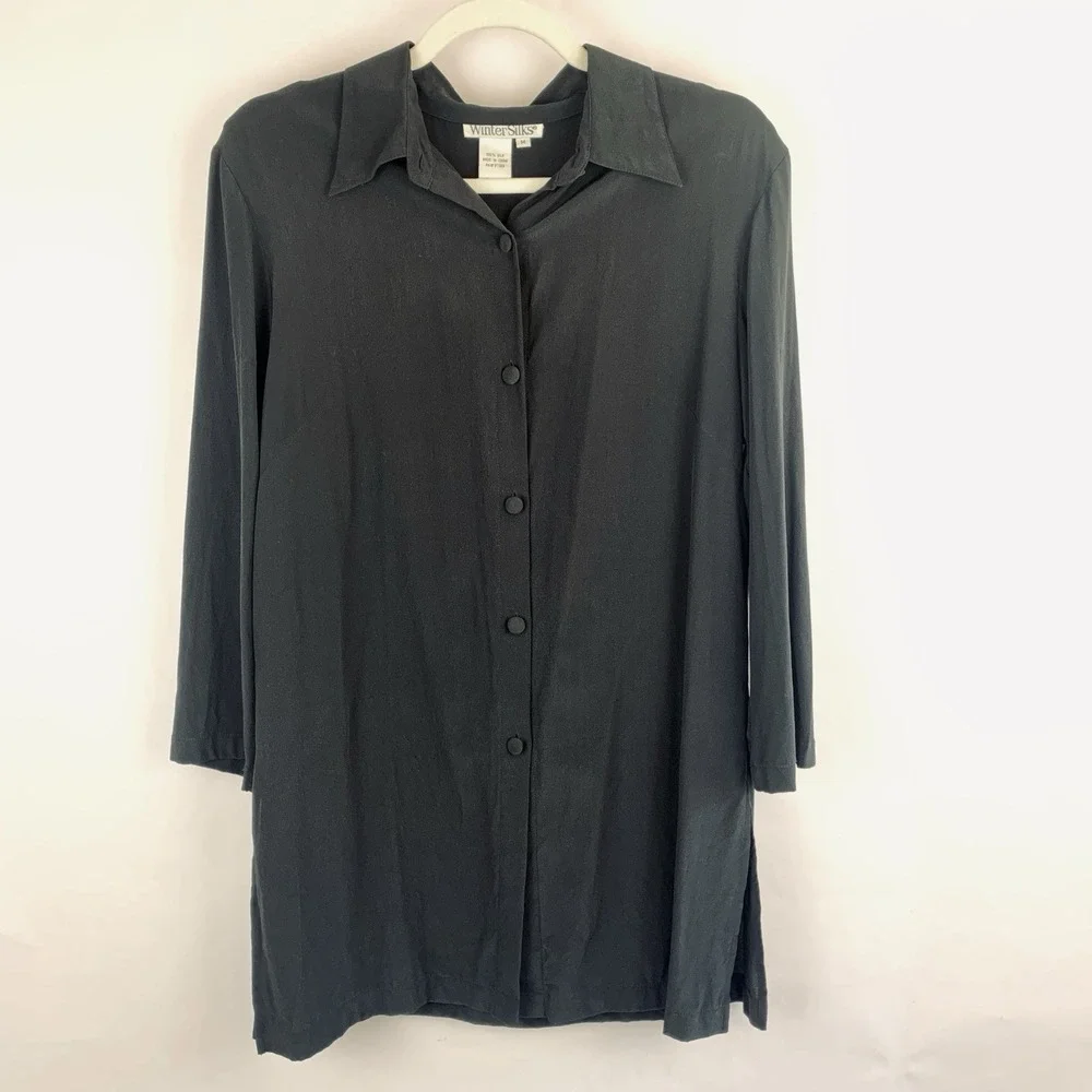 Wintersilks Black Silk Button Front Collared Tunic Top Medium Flowy Lagenlook